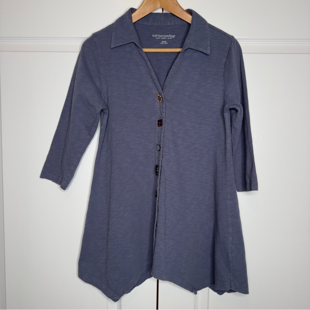 Soft Surroundings Women's Asymmetrical Button Tunic Top‎ XS Blue Cotton